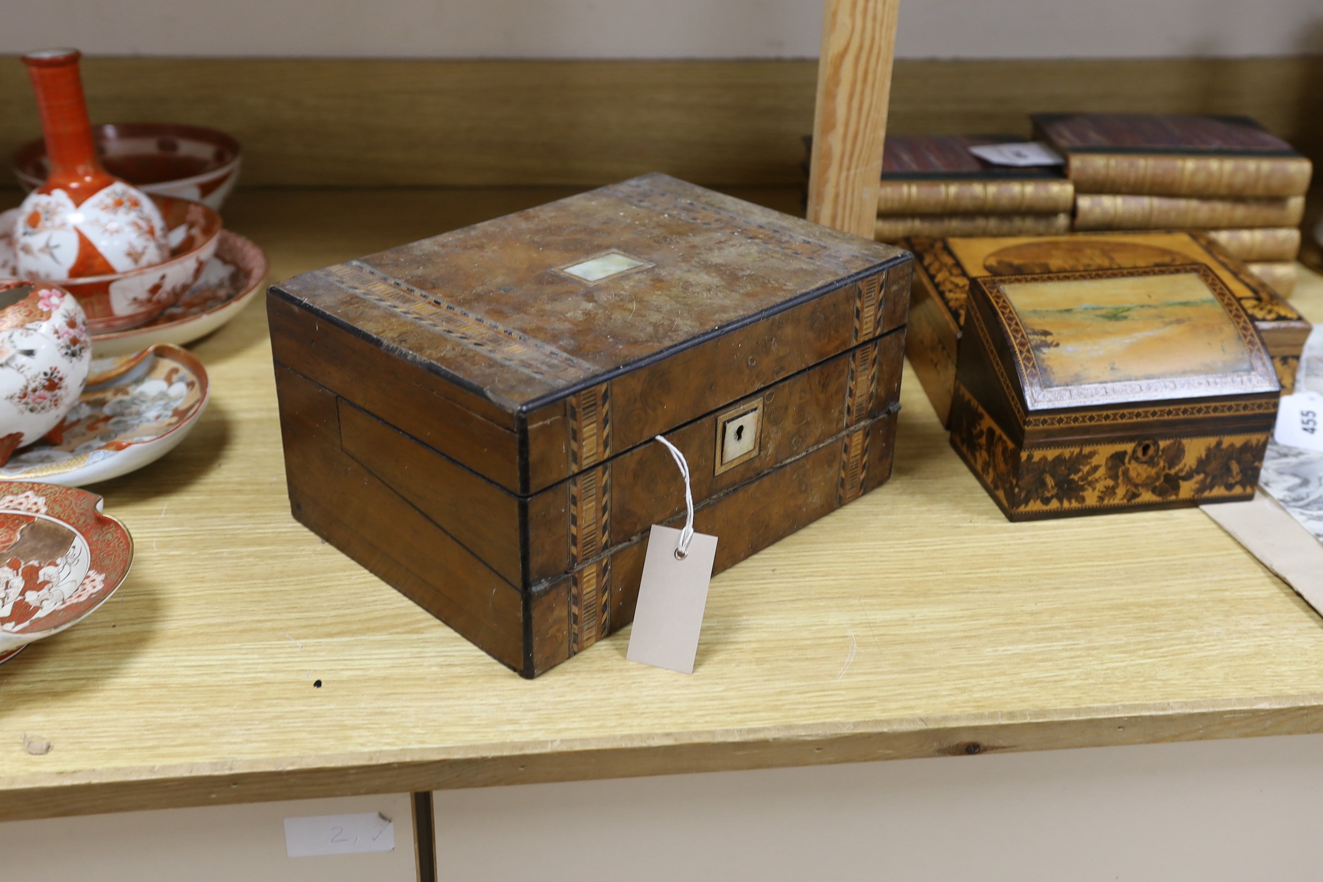 A 19th century inlaid writing slope and assorted contents
